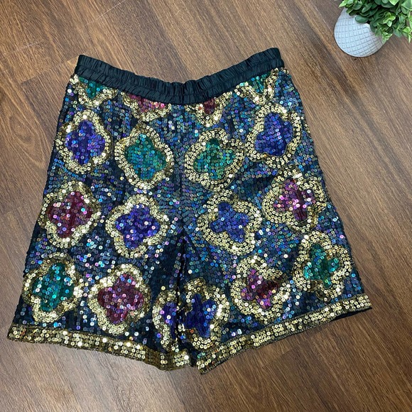 Vintage SNF Silk Sequin Shorts Quatrefoil Flower Glitz Glam Black Gold Peacock - Picture 3 of 7